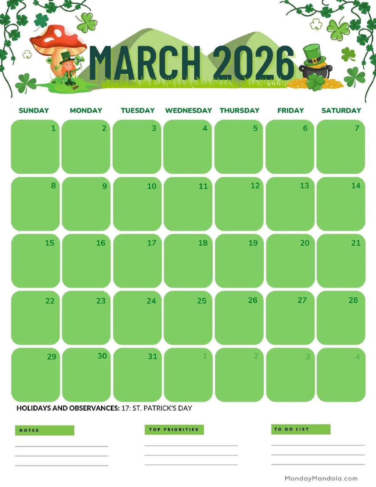 Free Printable March 2026 Calendar