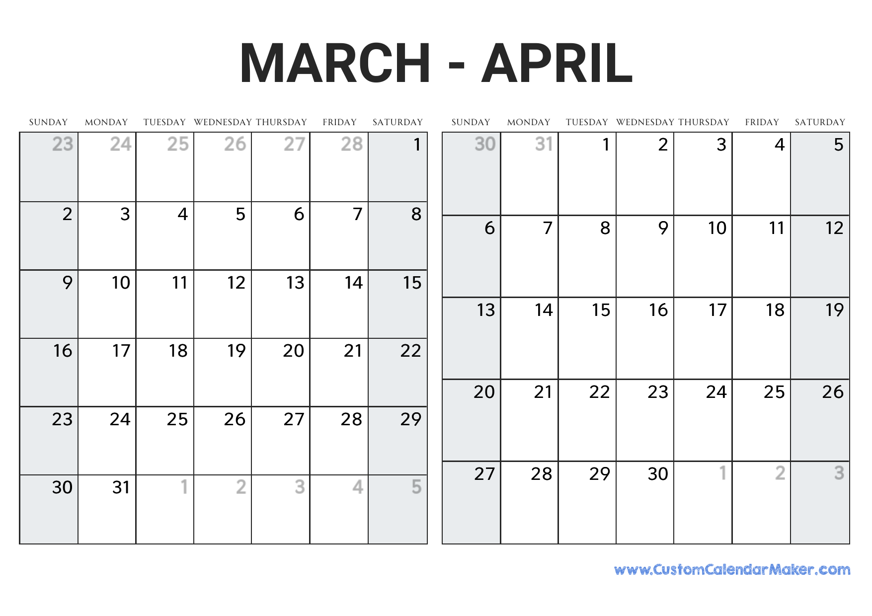 March And April Calendar Printable