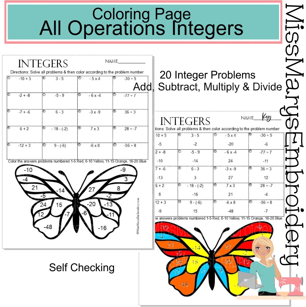 Math Worksheet Integer Coloring Page Miss Mary s Embroidery