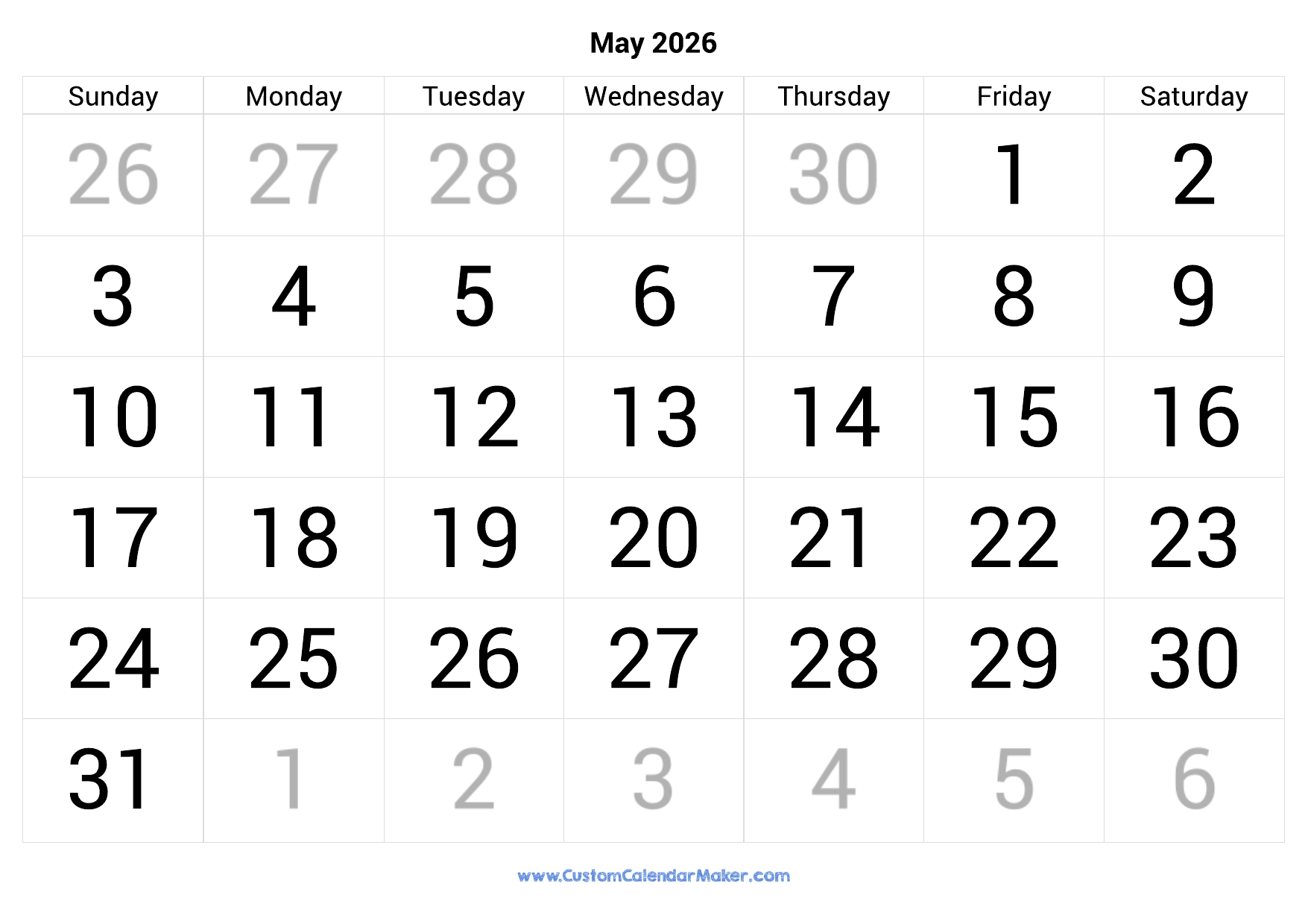 Printable May Calendar 2026