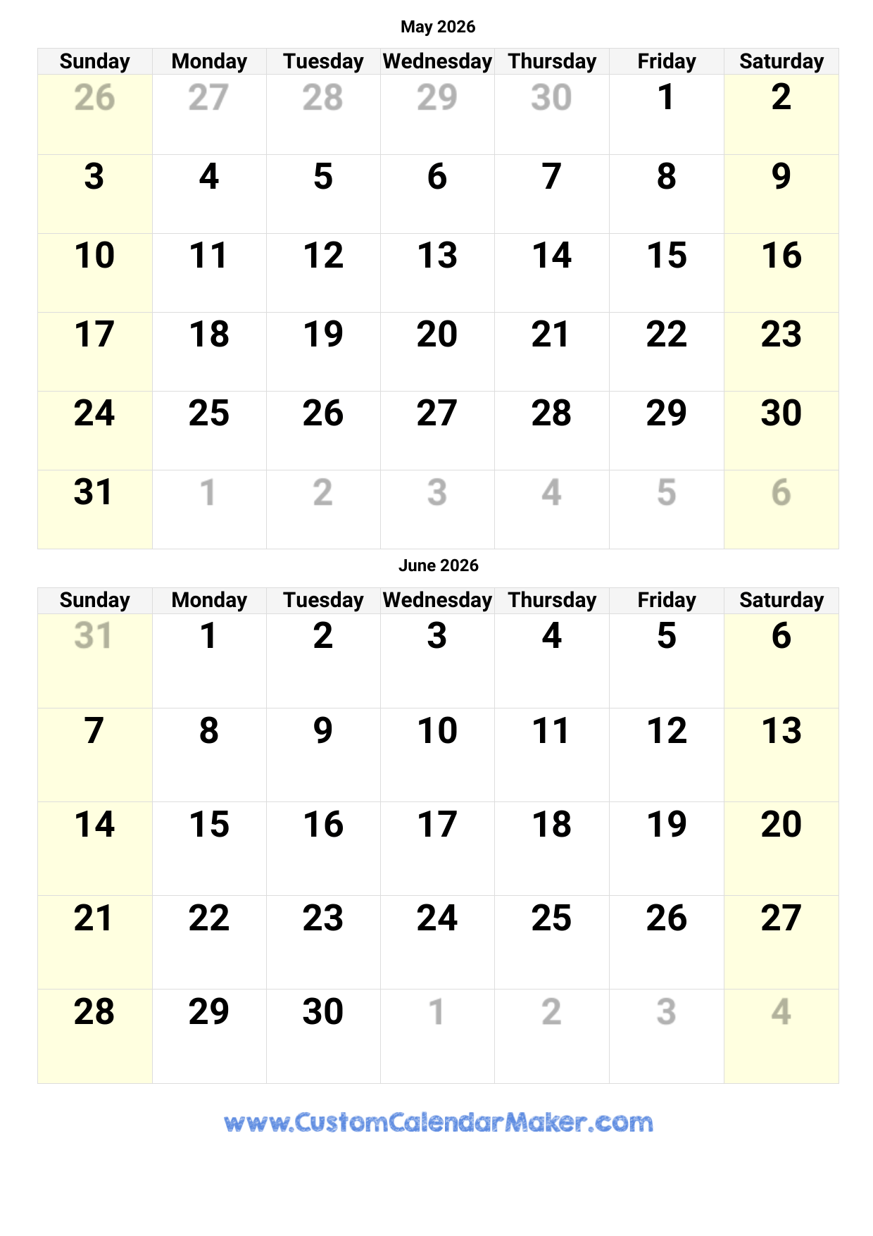 May June Calendar 2026 Printable