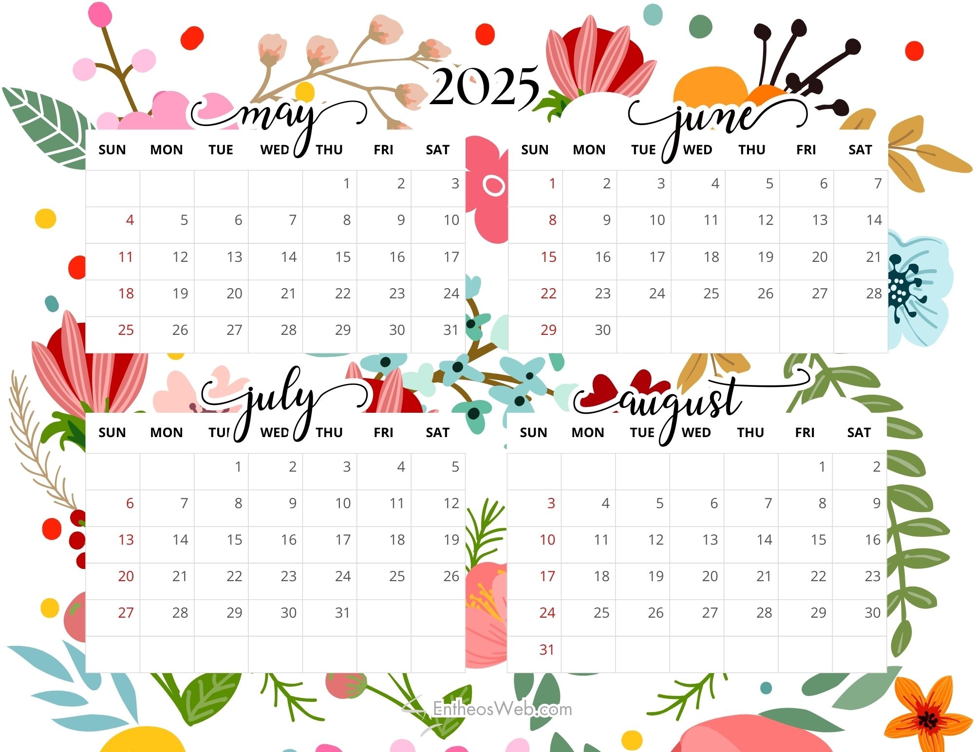 May June July August 4 Month Calendar EntheosWeb
