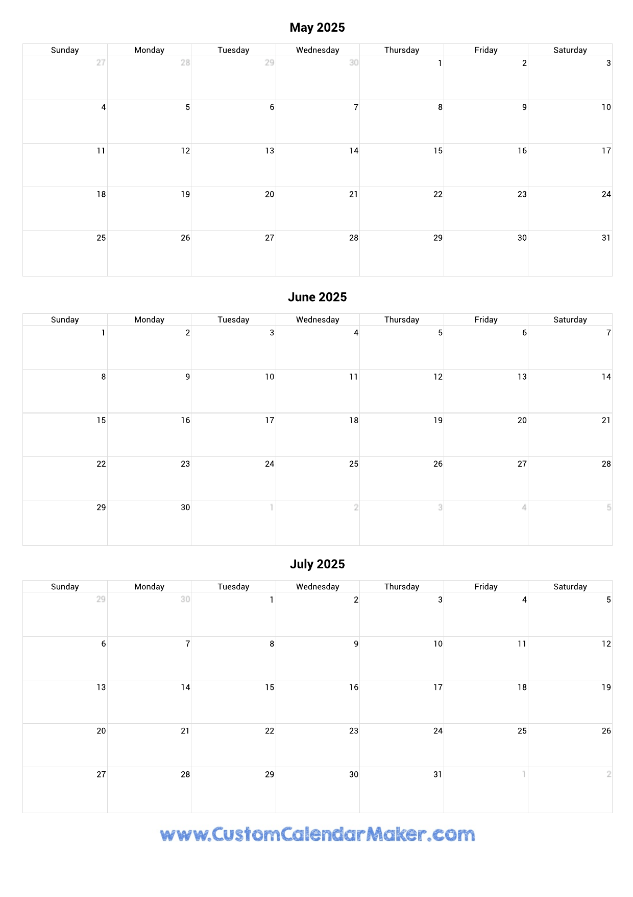 May To July 2025 Calendar Printable Custom Calendar Maker