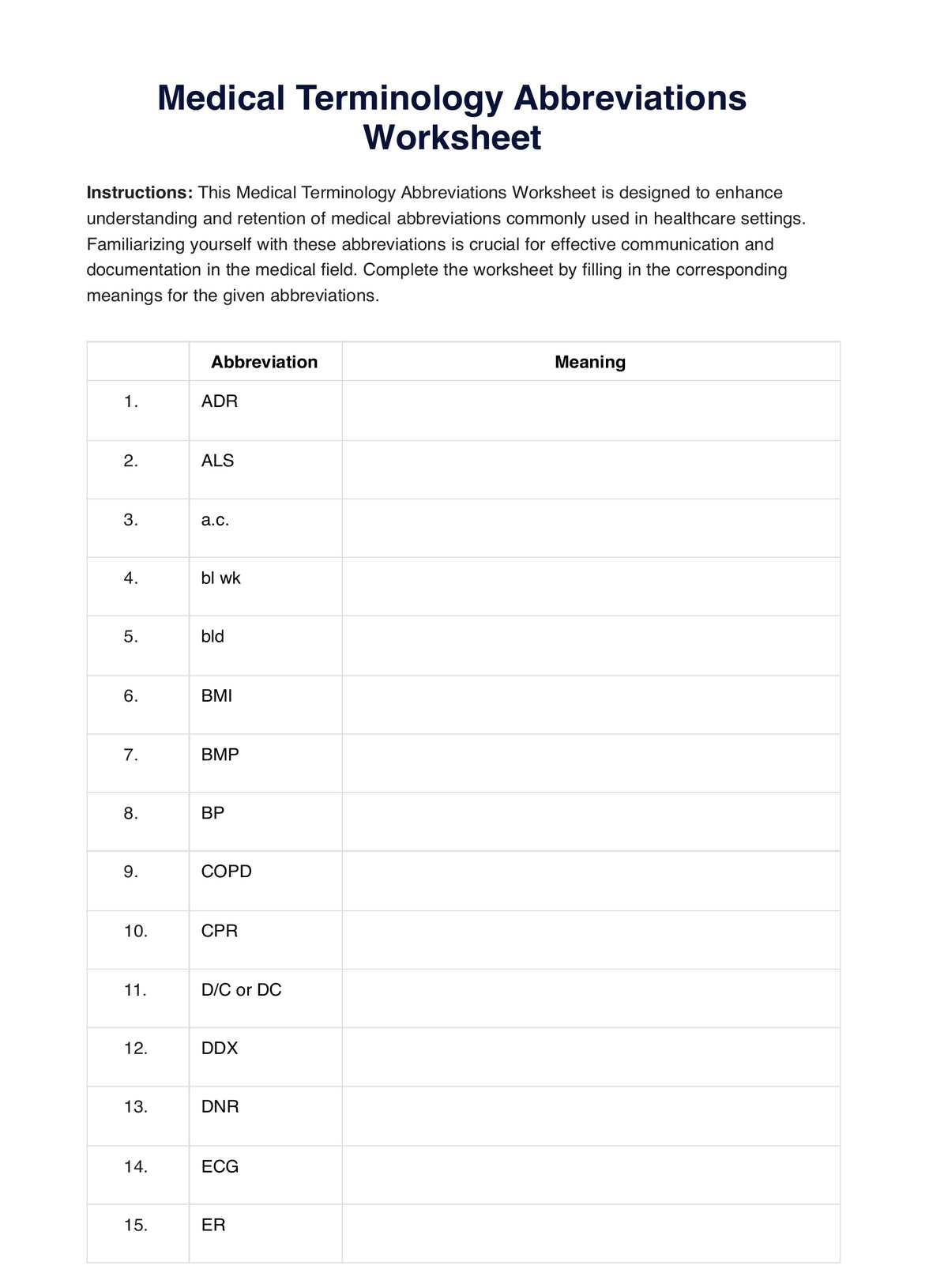 Printable Medical Terminology Worksheets