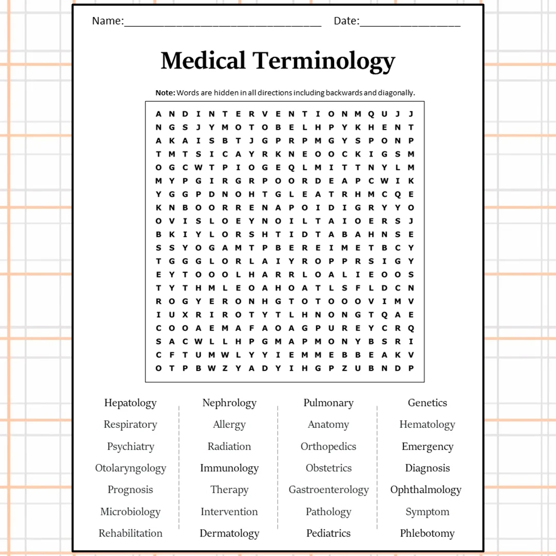 Medical Terminology Word Search Puzzle Worksheet Activity PDF PrintableBazaar