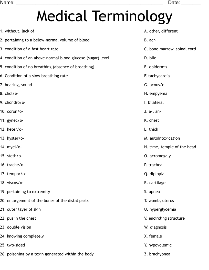 Printable Medical Terminology Worksheets