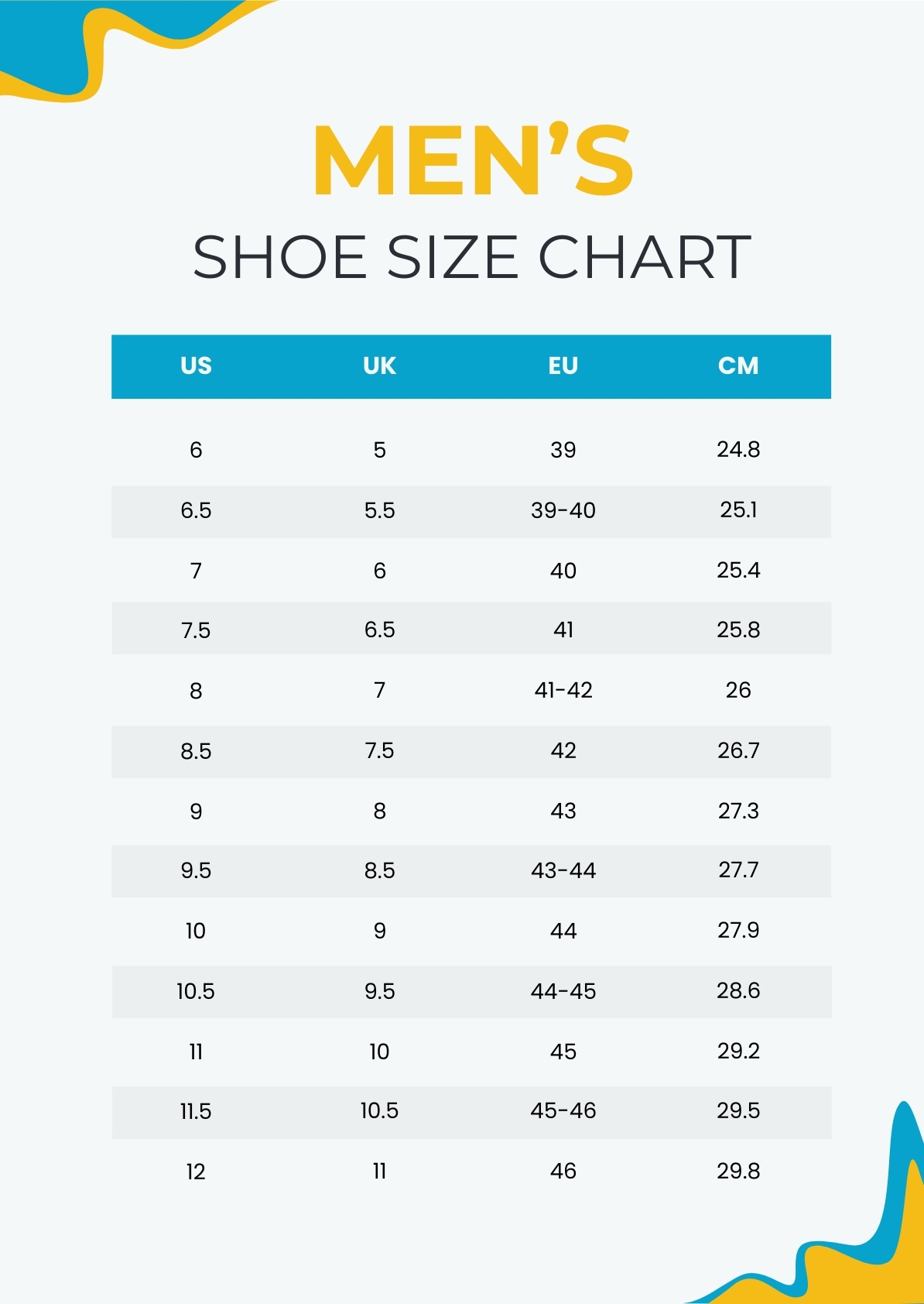Free Printable Shoe Size Chart Pdf