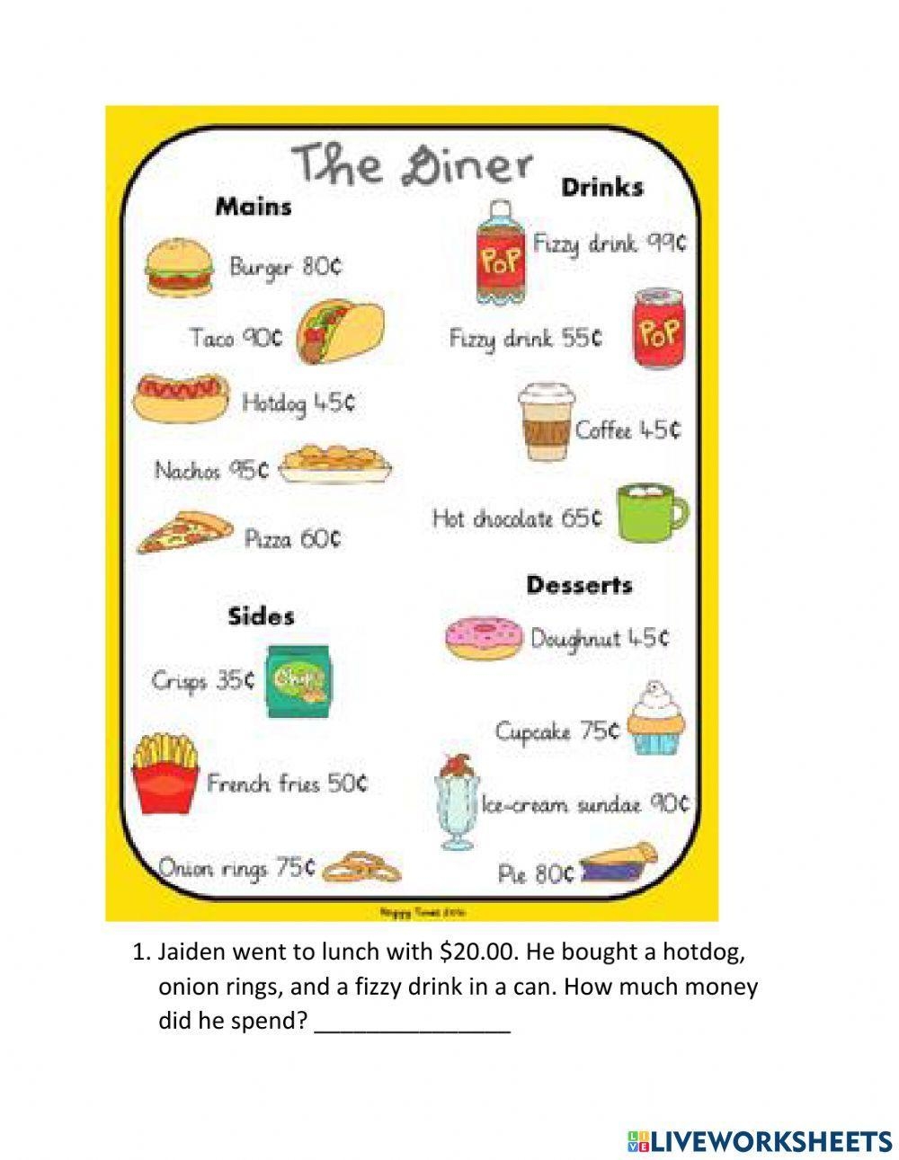 Printable Menu Math Worksheets