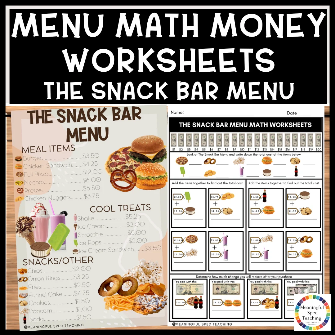 Menu Math Money Worksheets Life Skills Printable NO PREP Snack Bar FRE Meaningful Sped Teaching