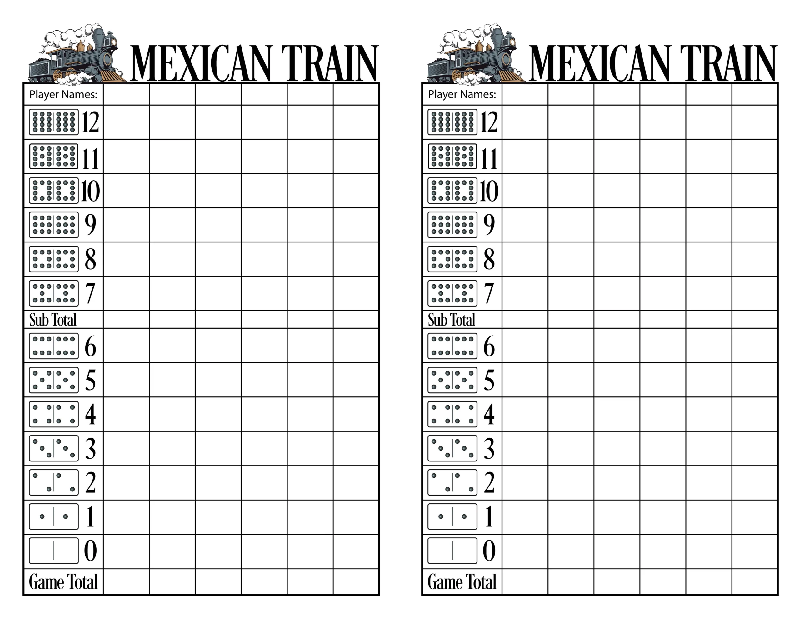 Free Printable Mexican Train Score Sheet