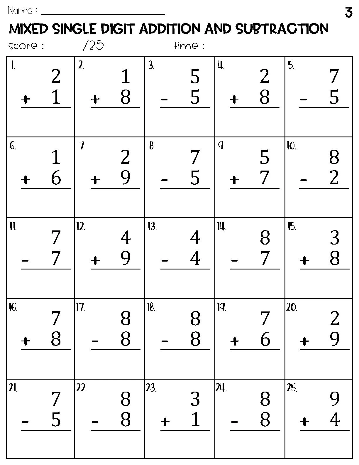 Mixed Single Digit Addition And Subtraction Worksheets Etsy