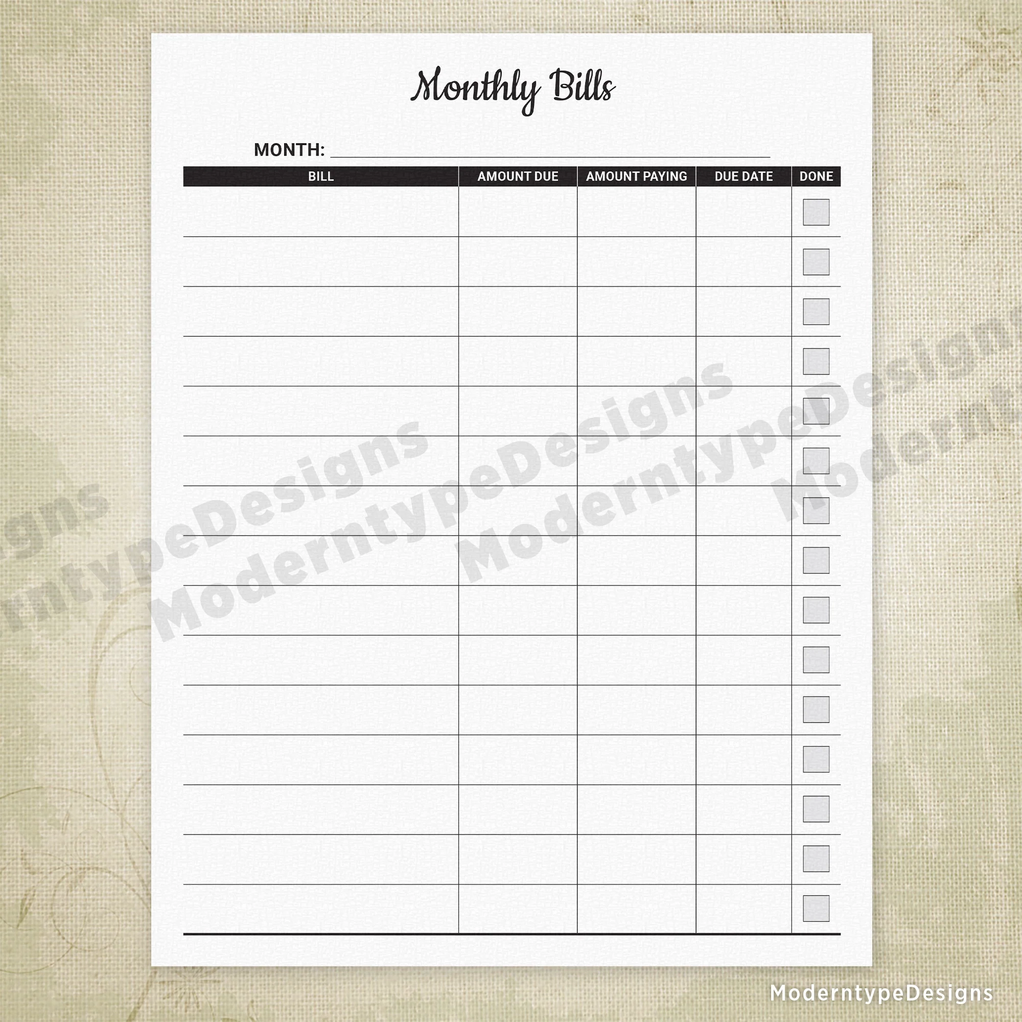 Monthly Bill Tracker Printable 1