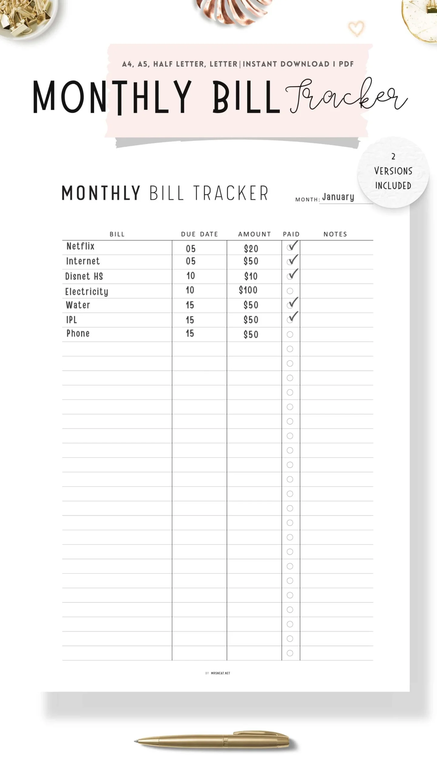 Printable Bill Tracker Sheet