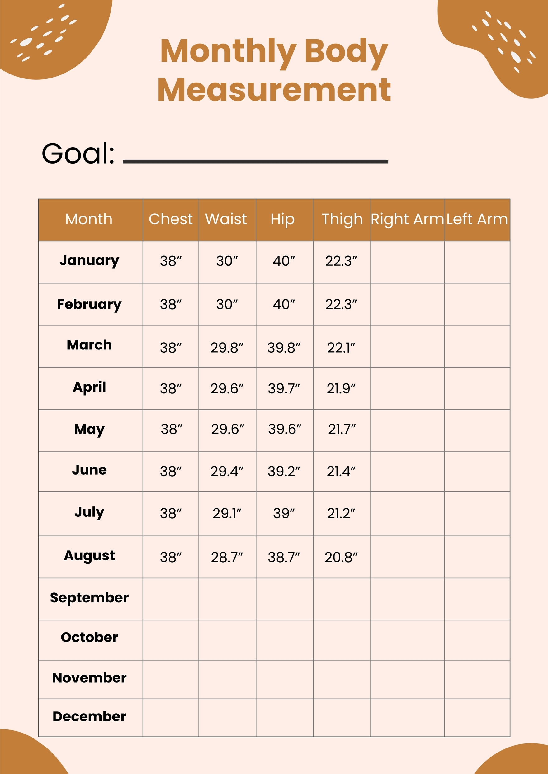 Body Measurement Chart Printable Free