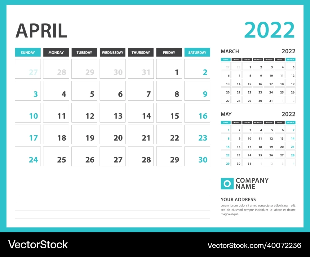 Monthly Calendar Template For 2022 Year April 202 Royalty Free Vector VectorStock