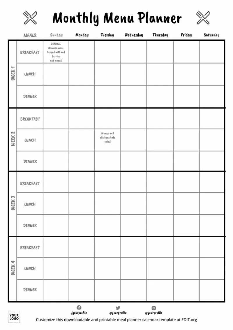 Free Printable Monthly Menu Calendar