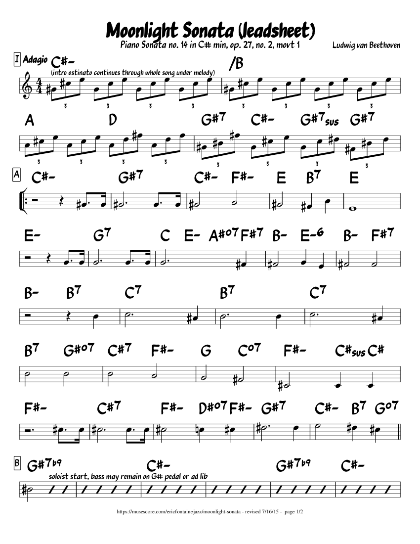 Moonlight Sonata Jazz Lead Sheet Sheet Music With Chords For Flute Contrabass Mixed Duet MuseScore