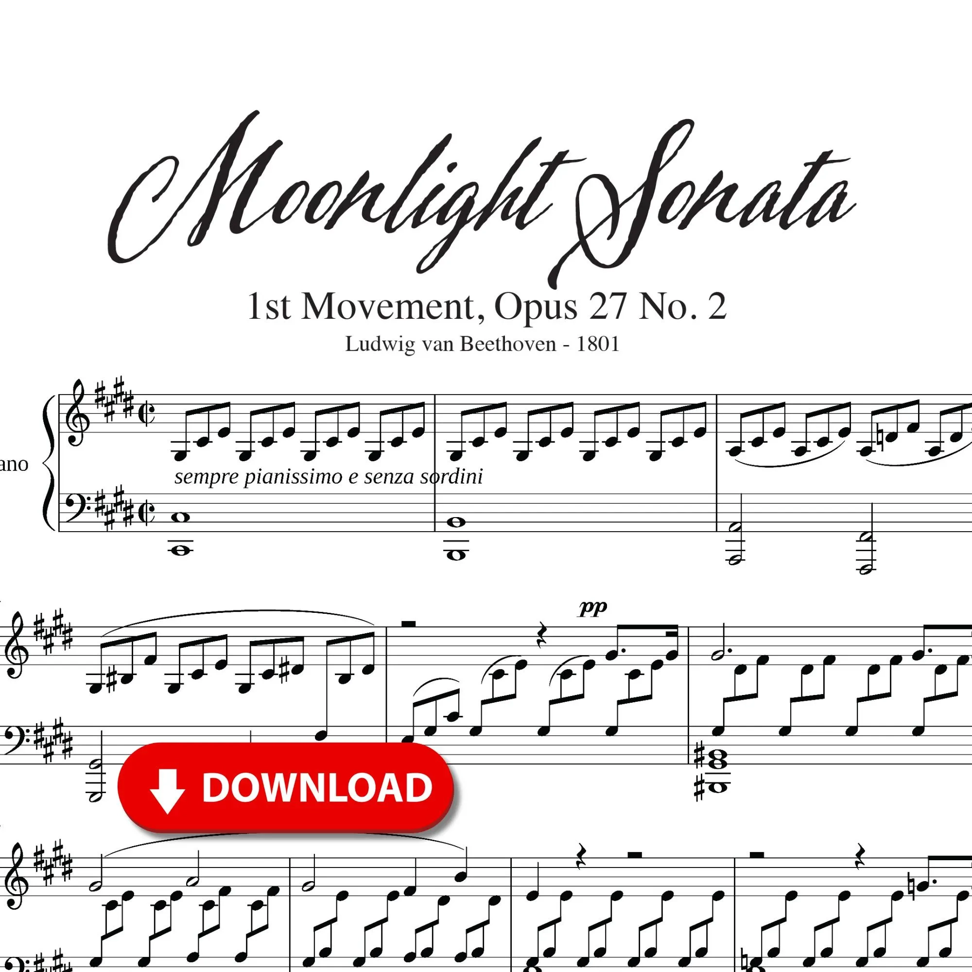 Moonlight Sonata Sheet Music Beethoven Piano Solo PDF Digital Download Etsy