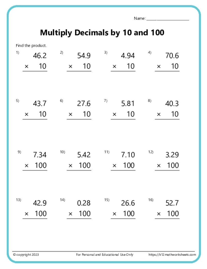 Decimal Printable Worksheets