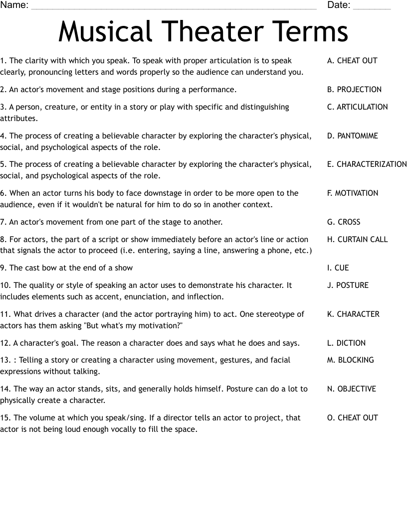 Musical Theater Terms Worksheet WordMint