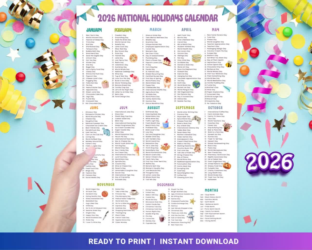 National Days 2026 Printable Calendar Silly Holidays Fun Days Social Media Ideas 365 Days To Celebrate Content Planner Etsy