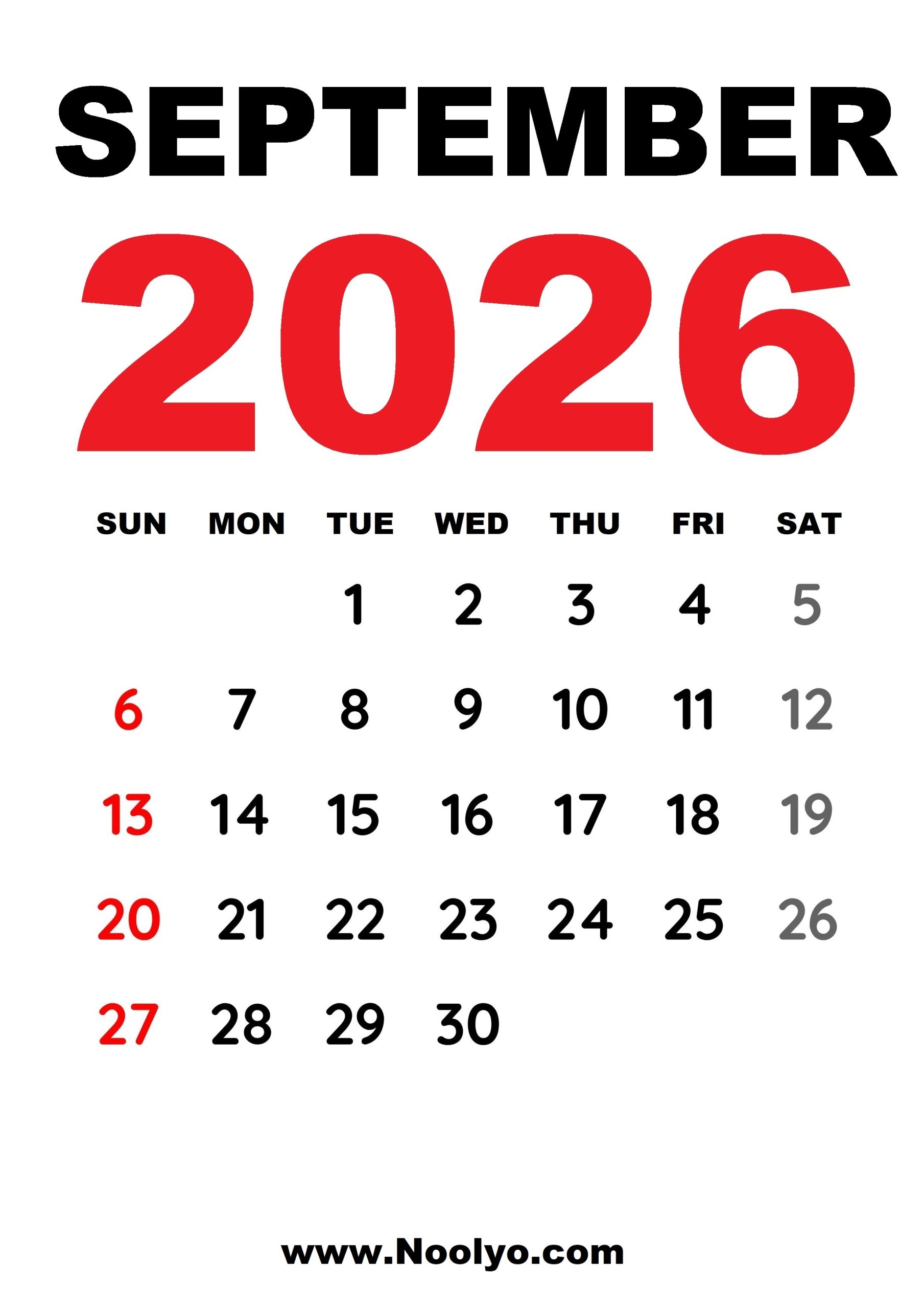 September Free Printable Calendar 2026