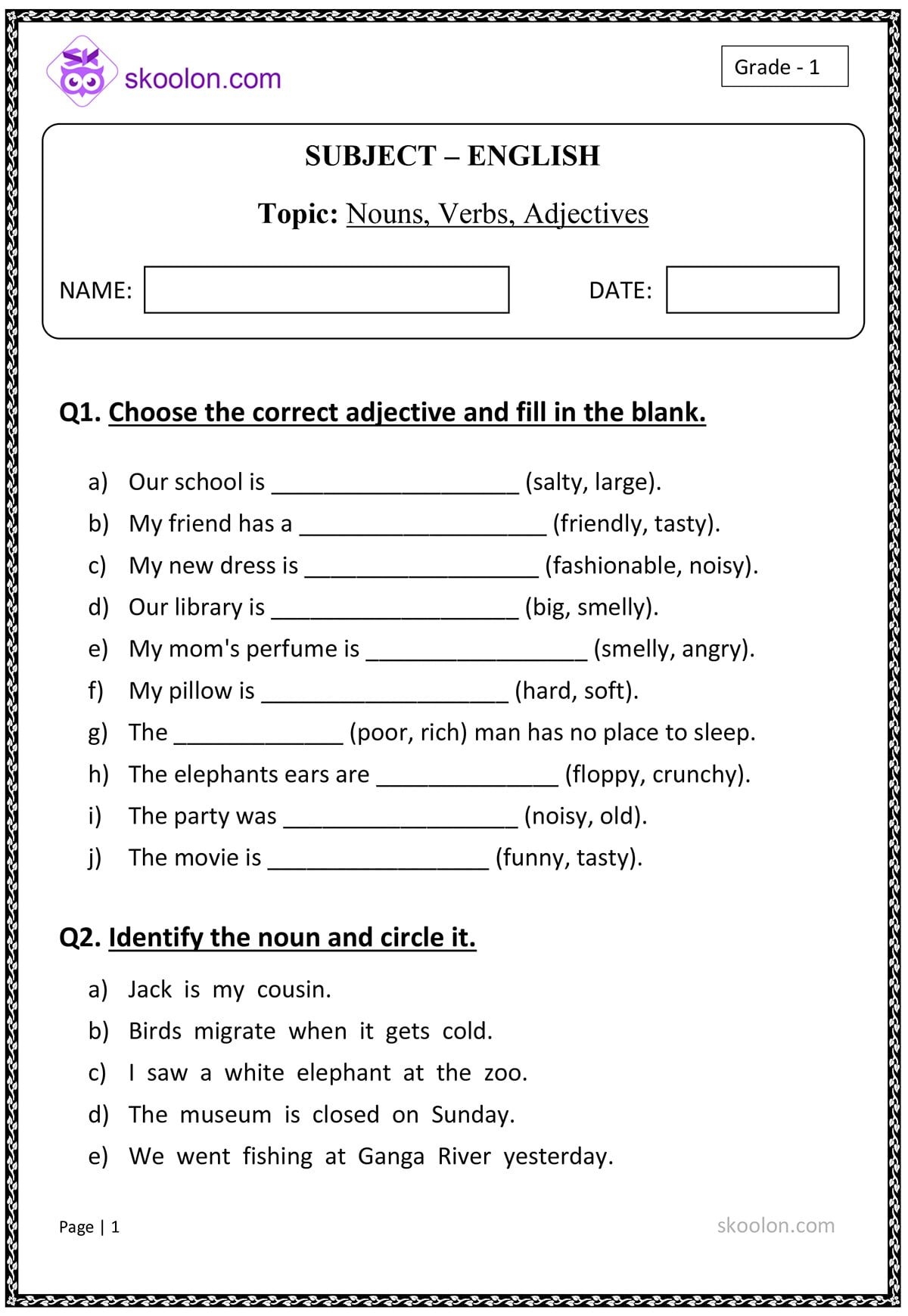 Free Printable Noun Verb Adjective Worksheets