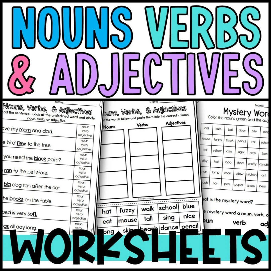Nouns Verbs And Adjectives Sorts And Worksheets Printable Sheets Kindergarten First Grade Second Grade Etsy Ireland
