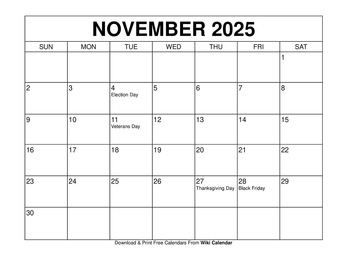 November Calendar With Holidays Printable