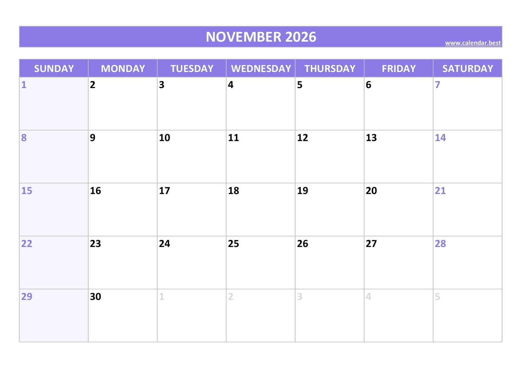 November 2026 Calendar Calendar best November 2026 Calendar Calendar best