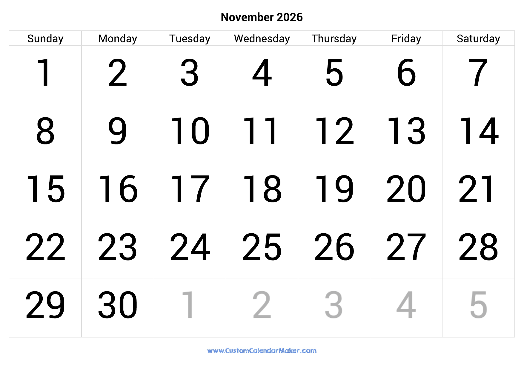Free Printable November Calendar 2026