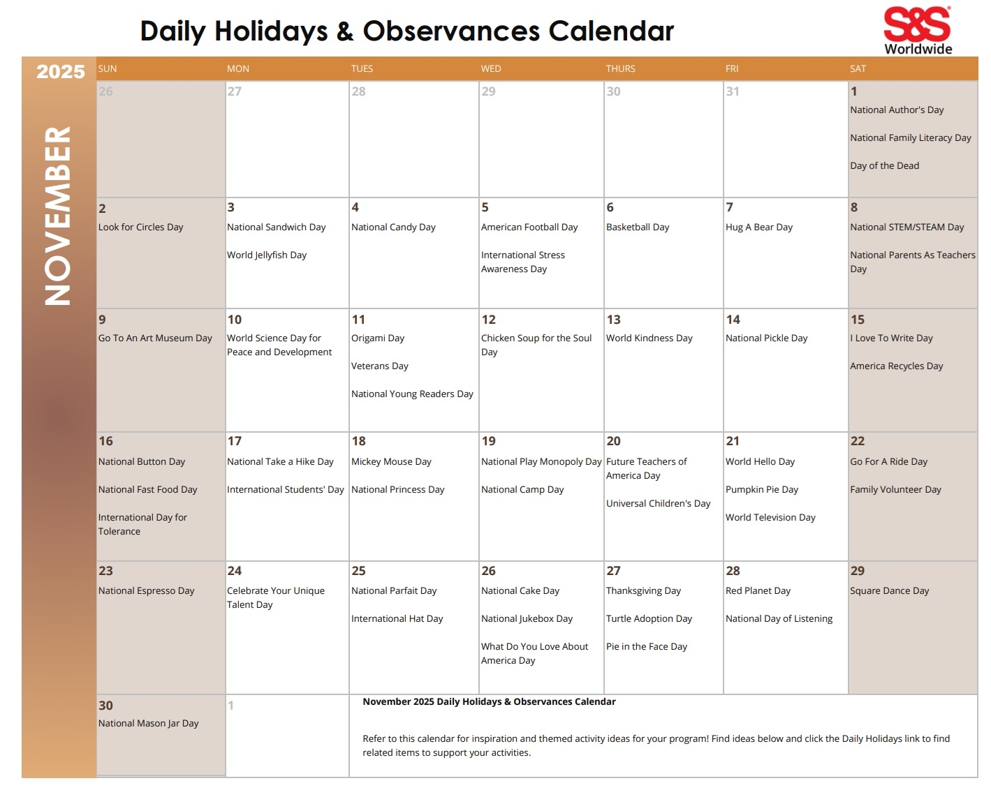 November Daily Holidays Observances Printable Calendar S S Blog