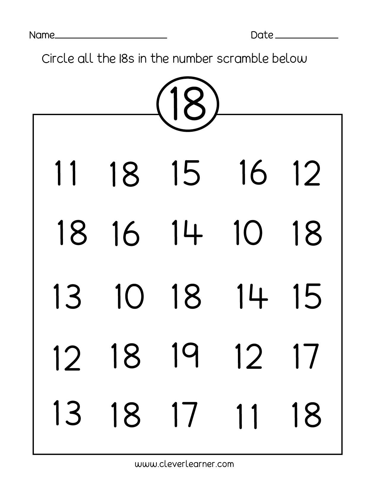 Printable Number 18 Worksheets