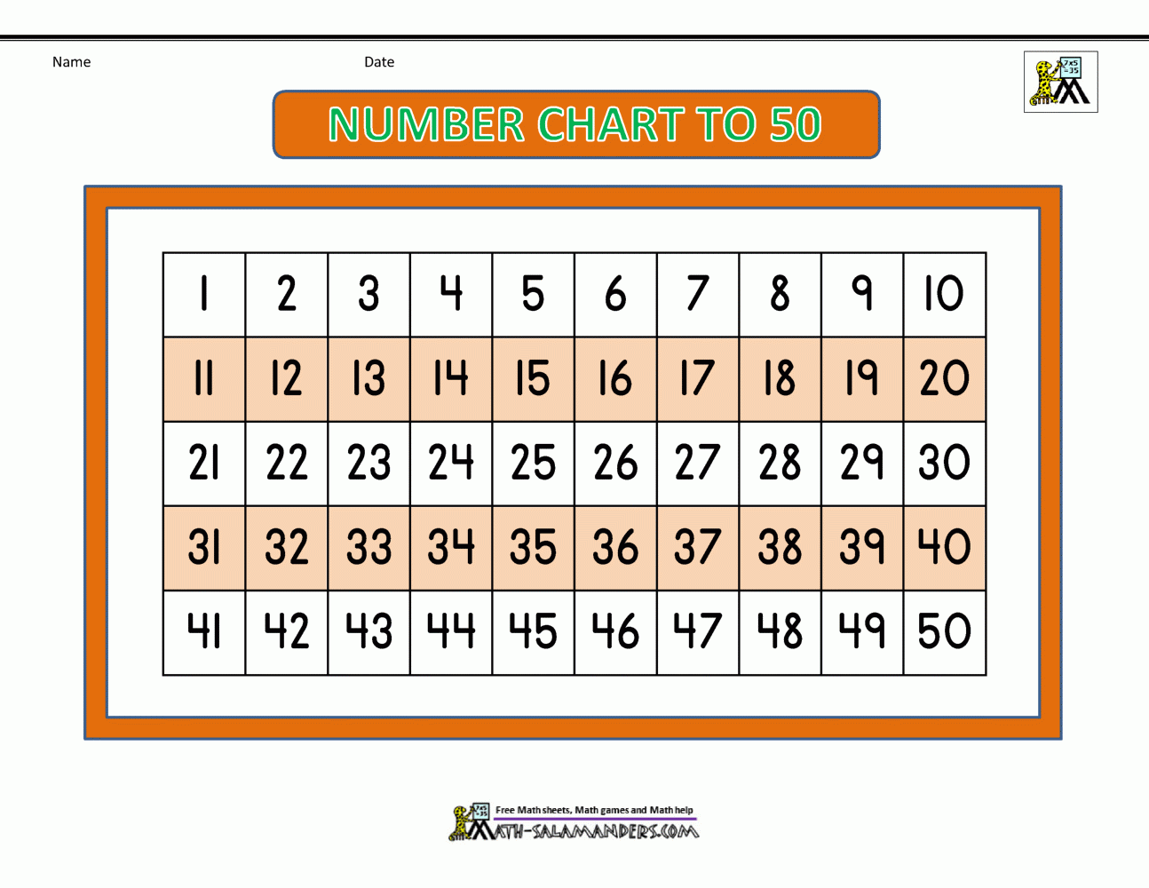 Number Chart To 50 Number Chart To 50