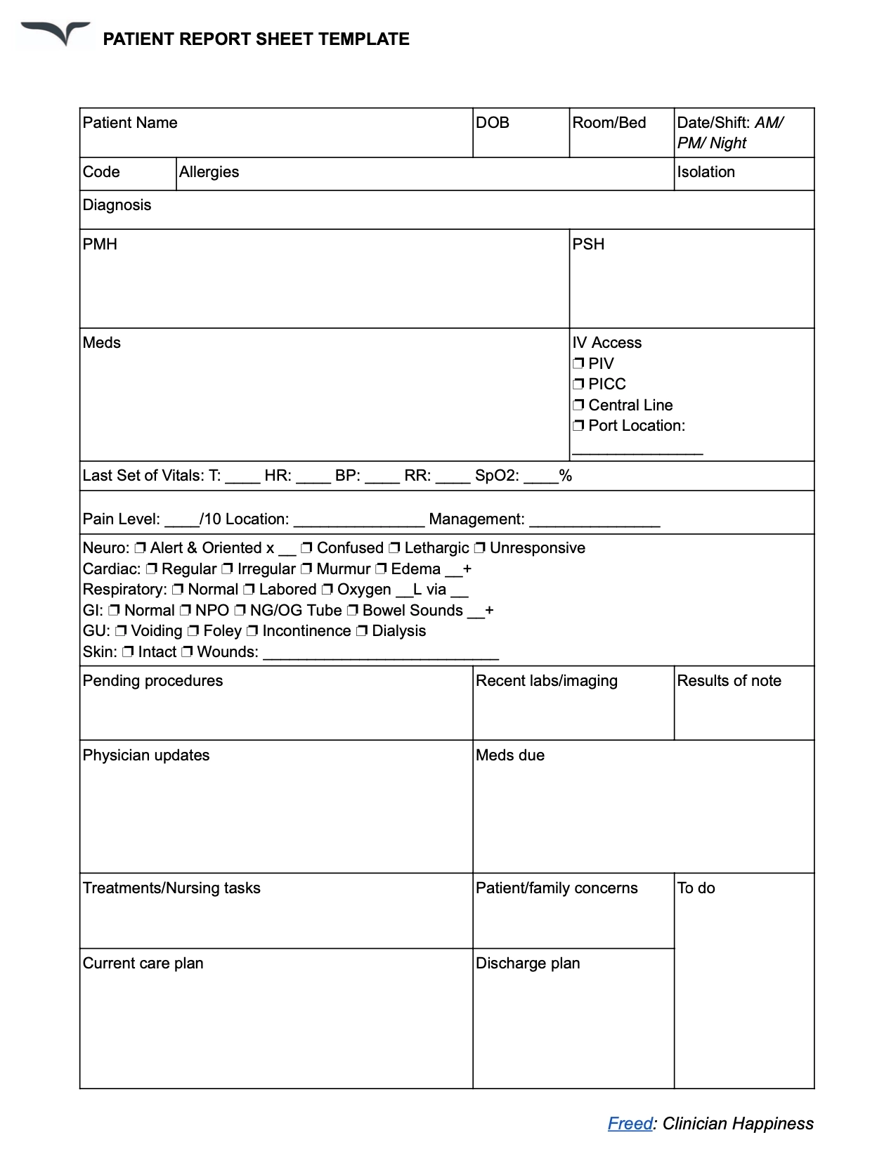 Free Printable Nursing Shift Report Sheets
