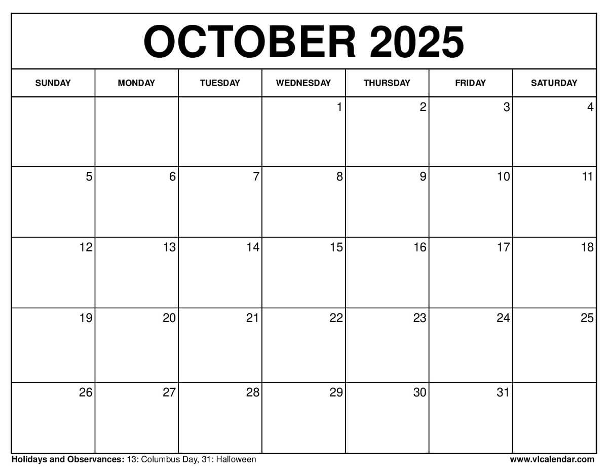 October Printable Calendar Pdf