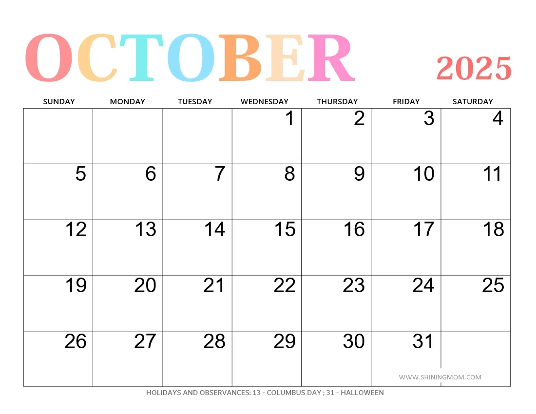 October Calendar Page Printable October Calendar Page Printable