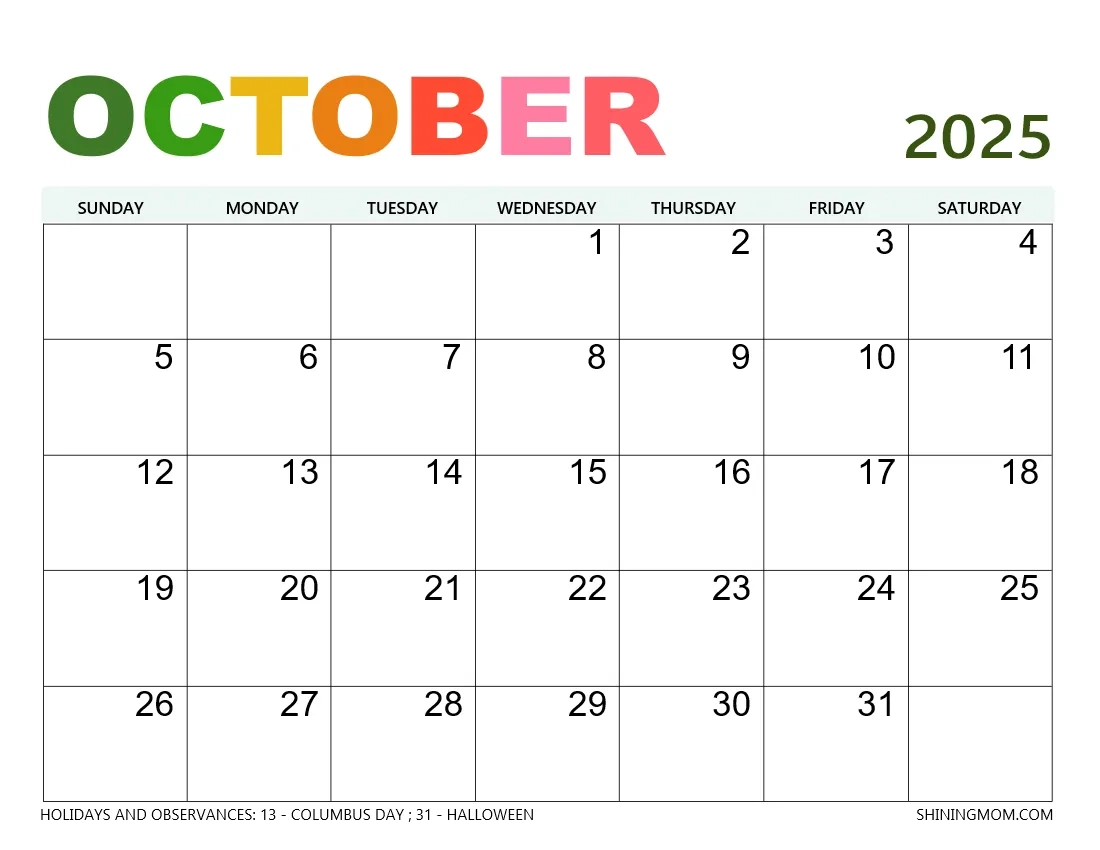 October 2025 Calendar With Holidays 50 Best Free Printables