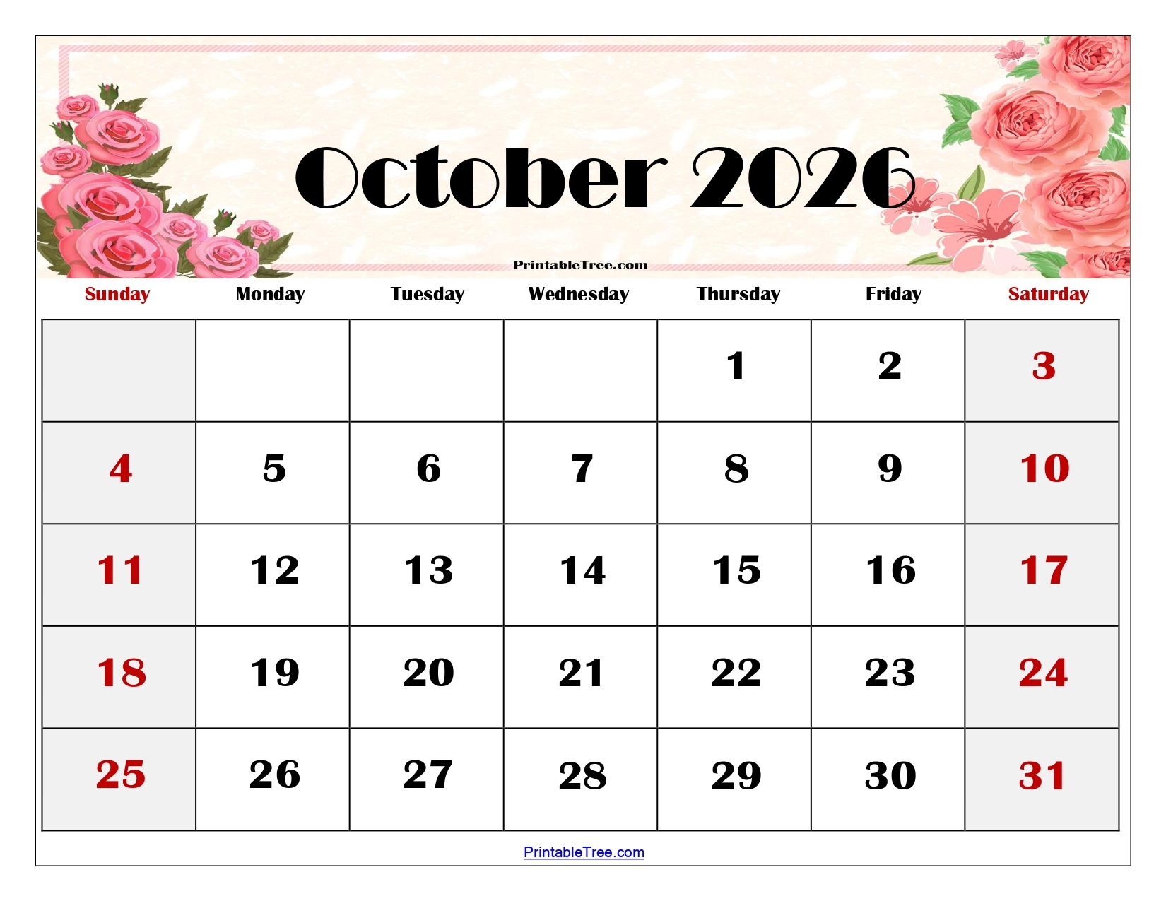 October 2026 Calendar Printable PDF Templates Free Download