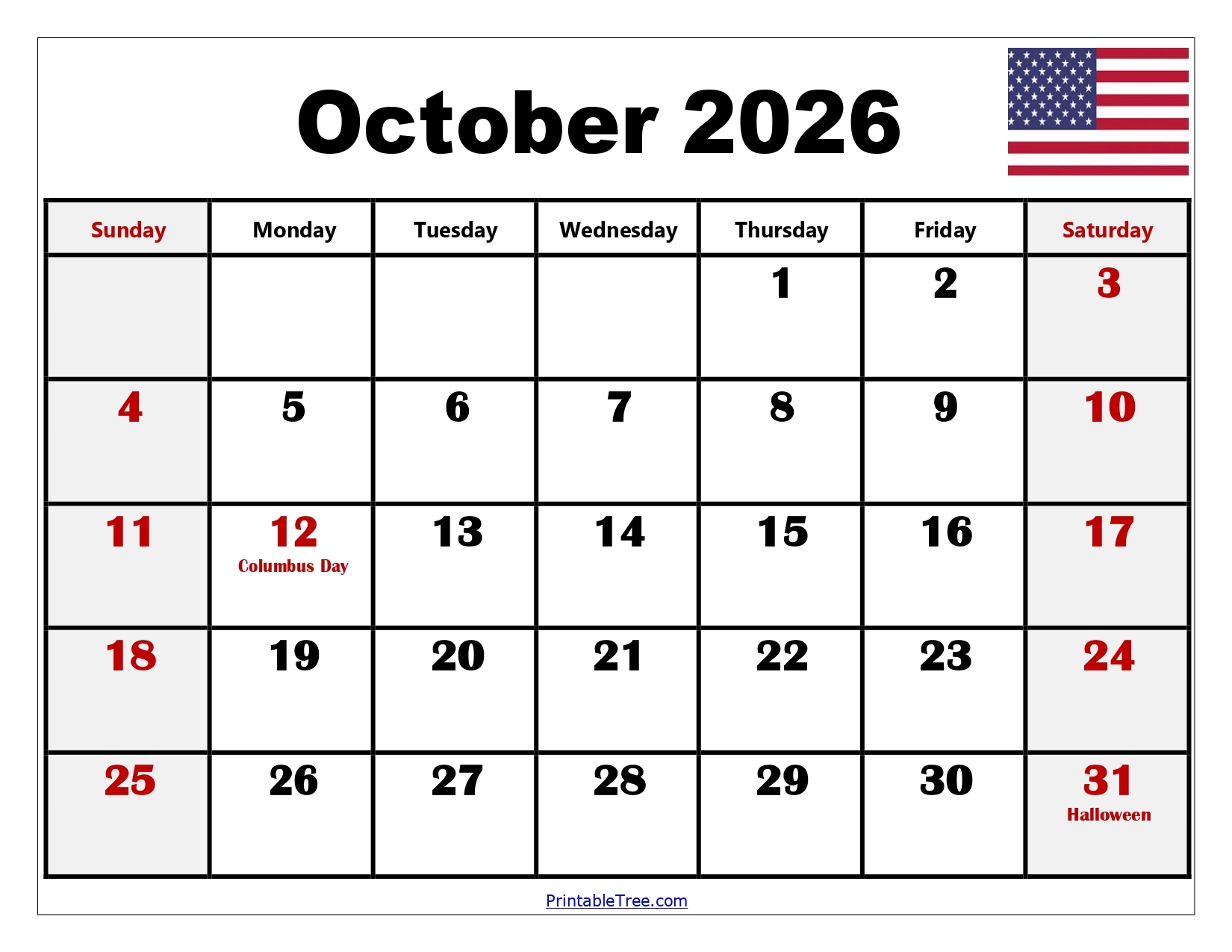 October 2026 Calendar Printable With Holidays