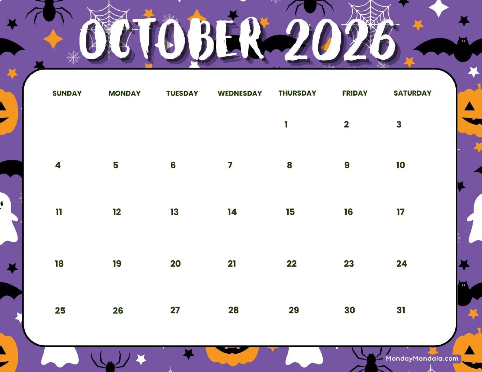 Free October 2026 Printable Calendar
