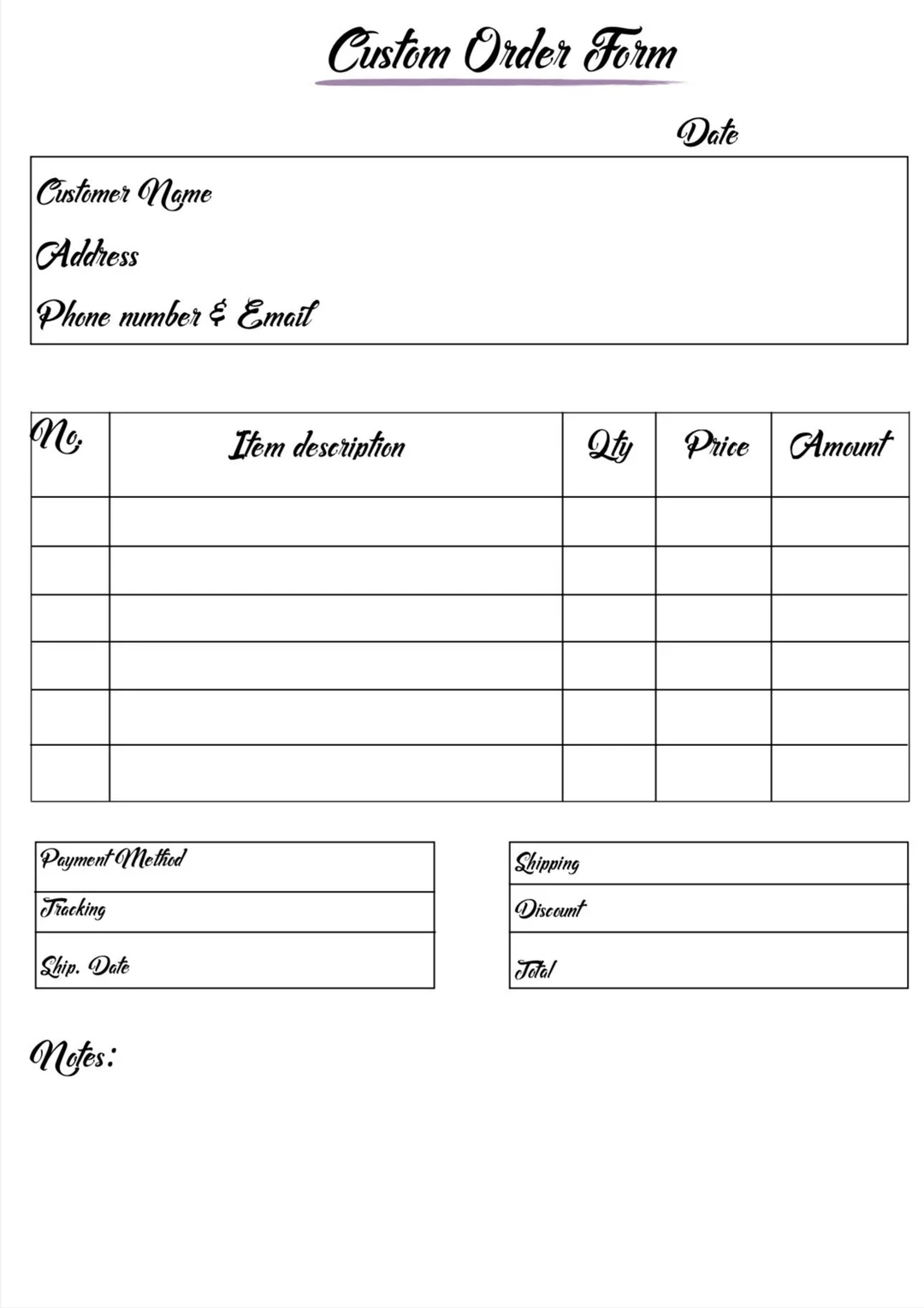 Printable Order Sheet Template