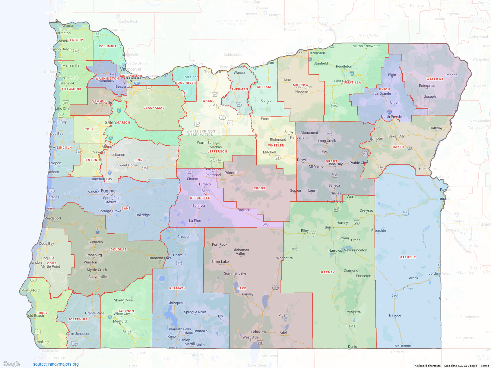 Oregon County Map Shown On Google Maps
