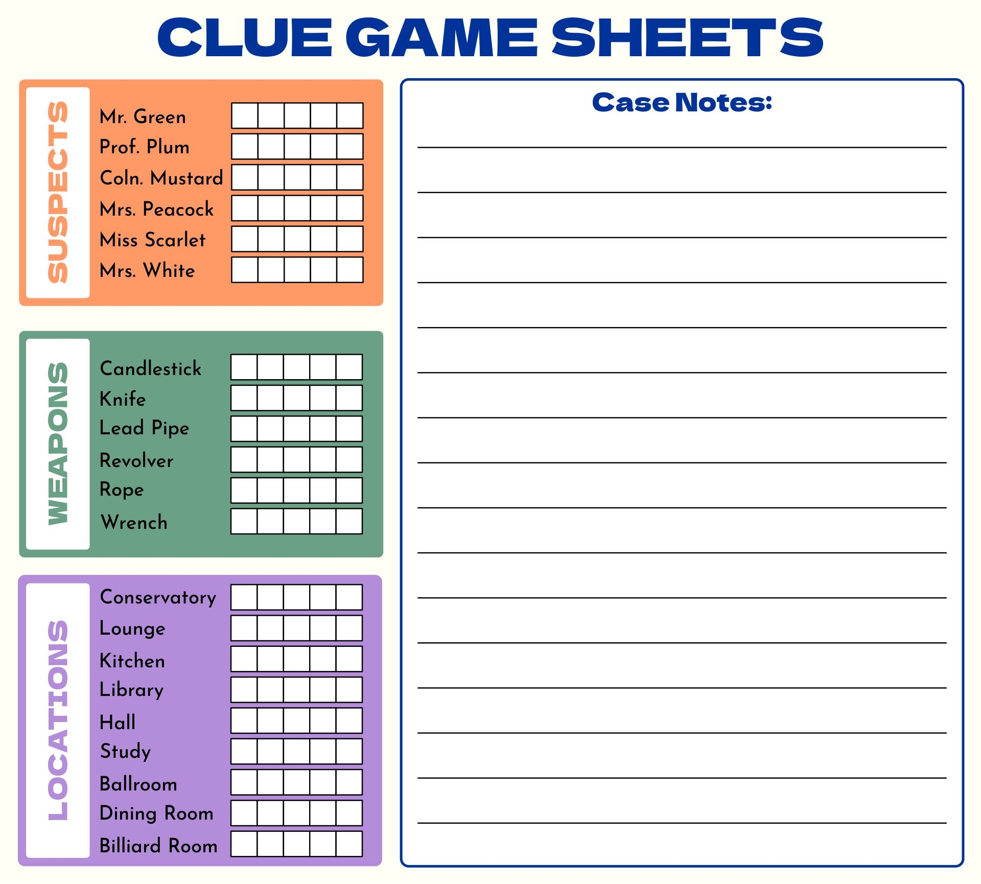 Original Clue Game Sheets 8 Free PDF Printables Printablee
