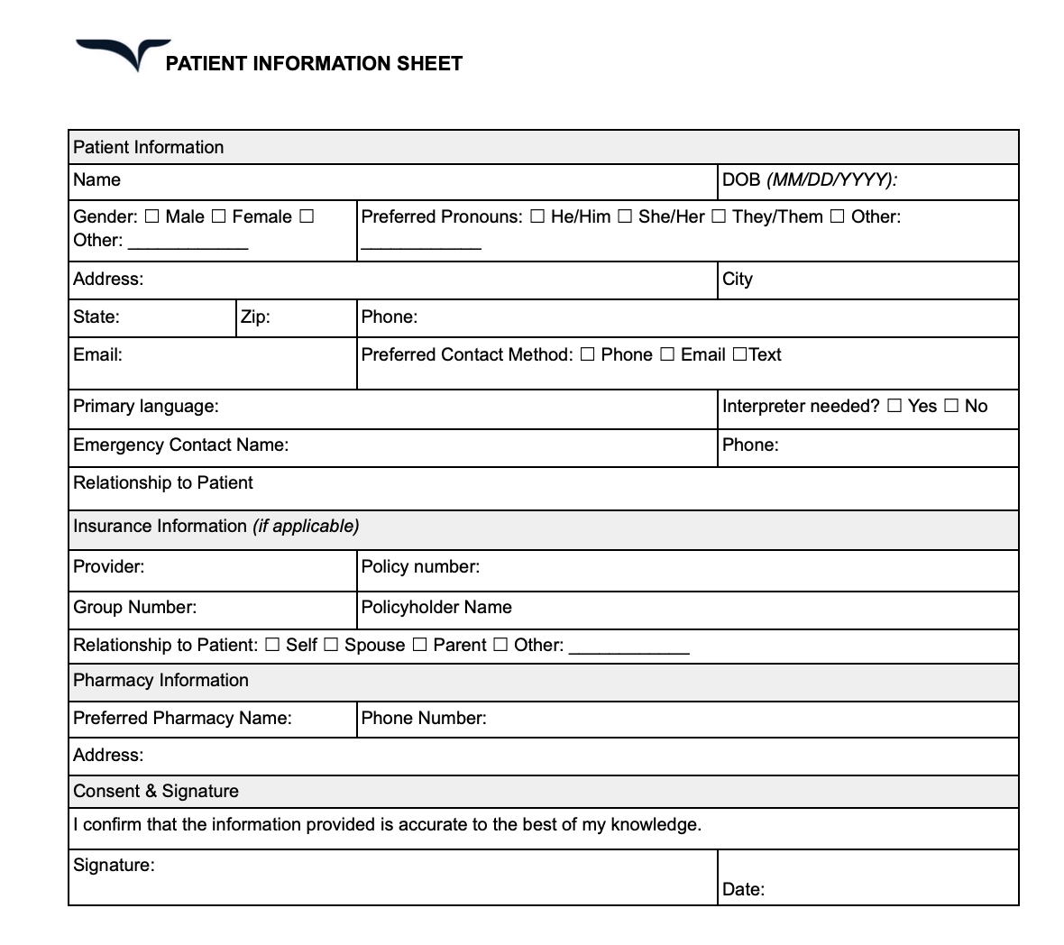 Printable Medical Information Sheet