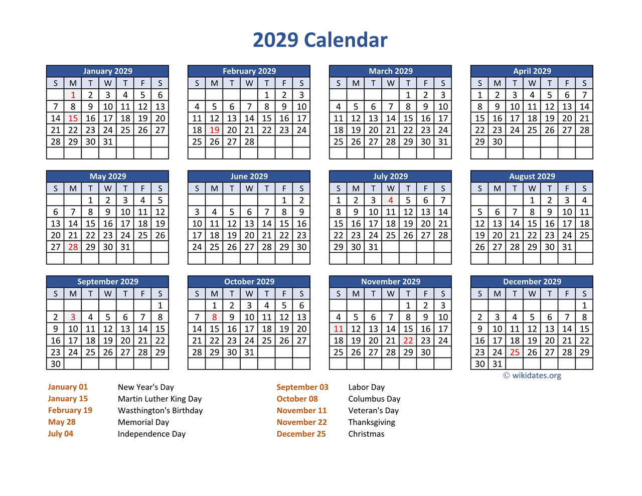 PDF Calendar 2029 With Federal Holidays WikiDates PDF Calendar 2029 With Federal Holidays WikiDates
