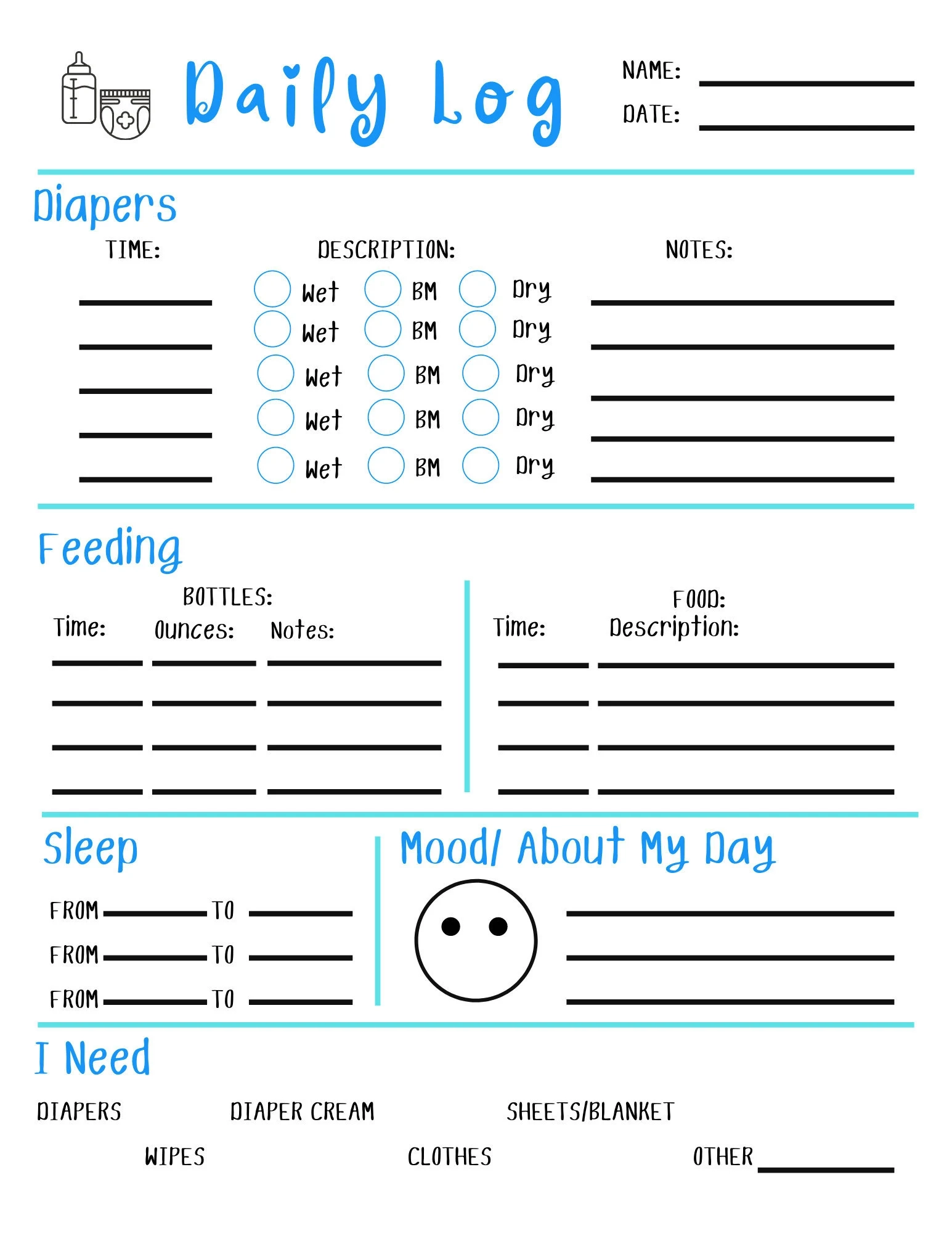 PDF Free Printable Baby 100 Pack Infant Daily Log Sheets For Daycare 8 5x11 Tracking Forms Single Print Free Printable Daycare Worksheets