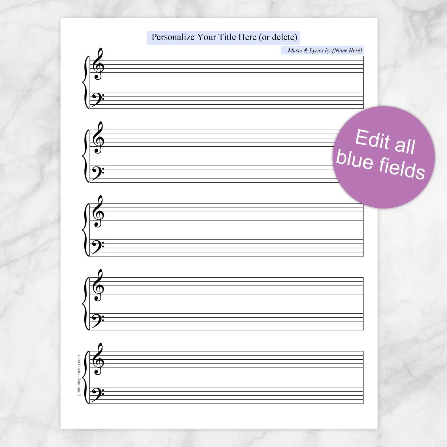Personalized Blank Piano And Vocals Sheet Music Printable At 