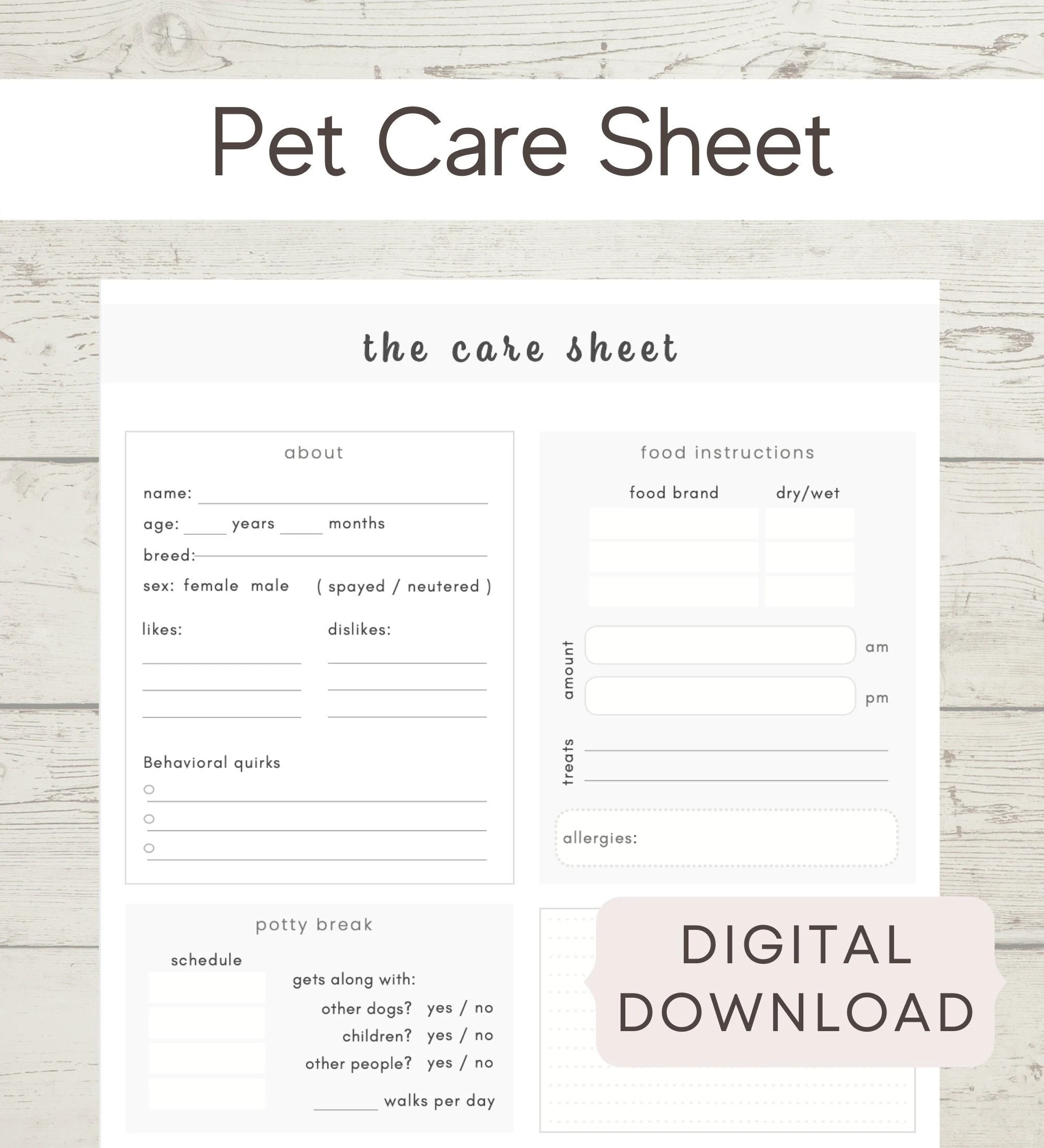 Pet Information Sheet Printable