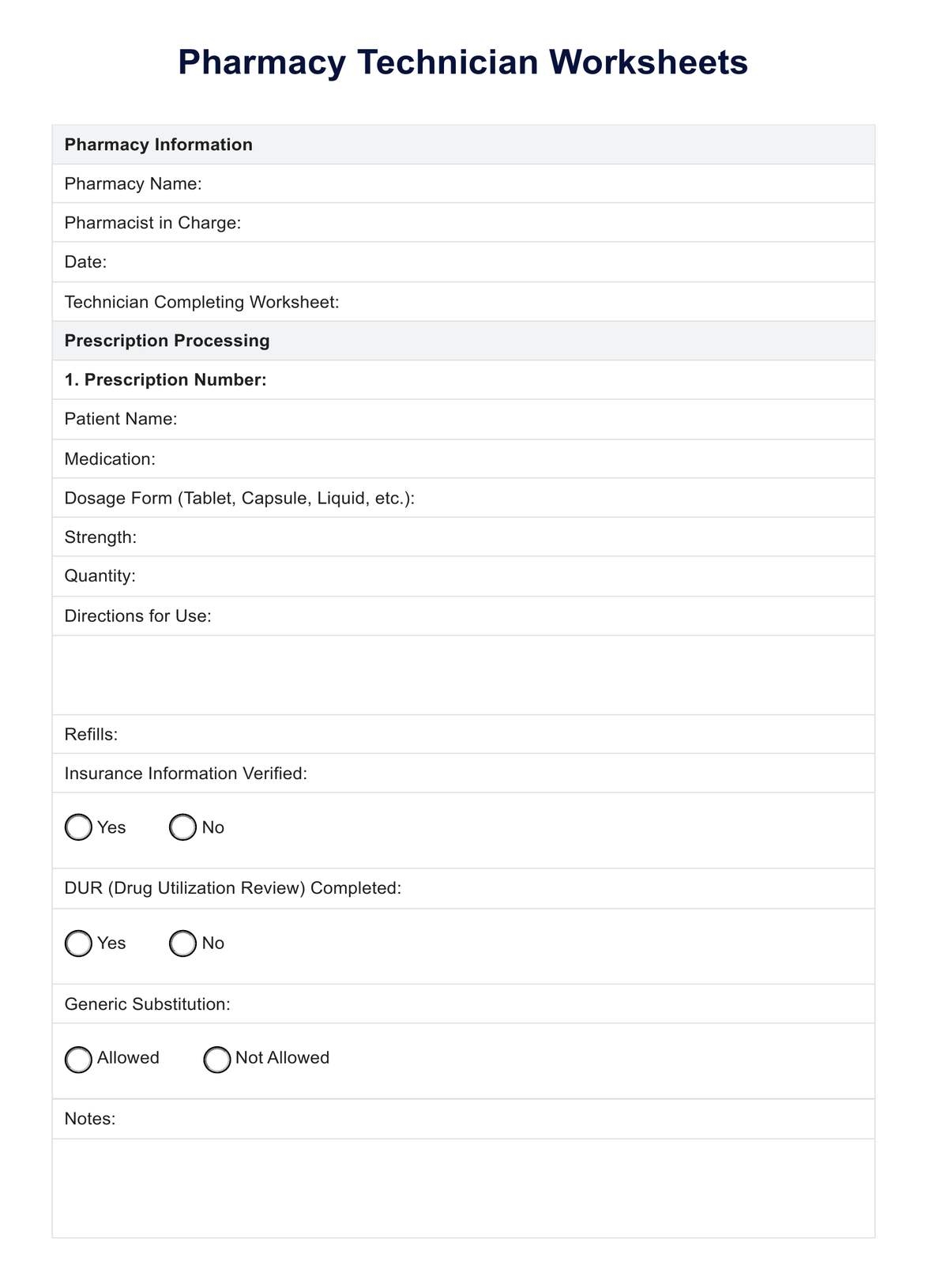 Pharmacy Technician Worksheets